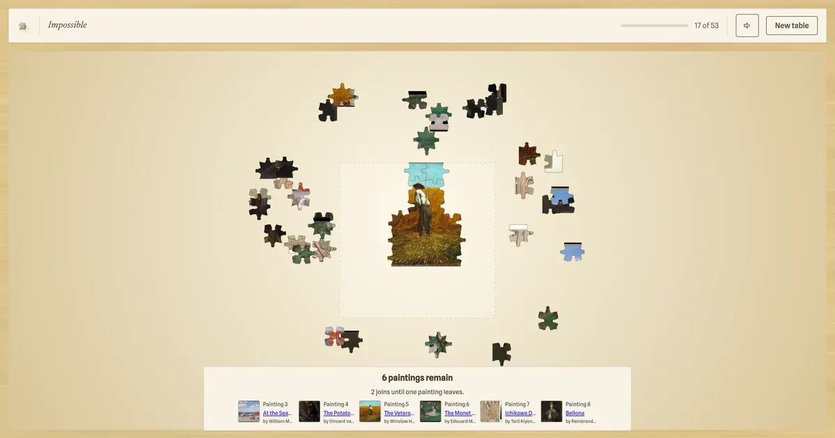 The Impossible jigsaw in play: eighteen pieces joined into one part-built painting inside the frame on the table, loose pieces scattered around it, and a strip under the board naming the six paintings still on the table.
