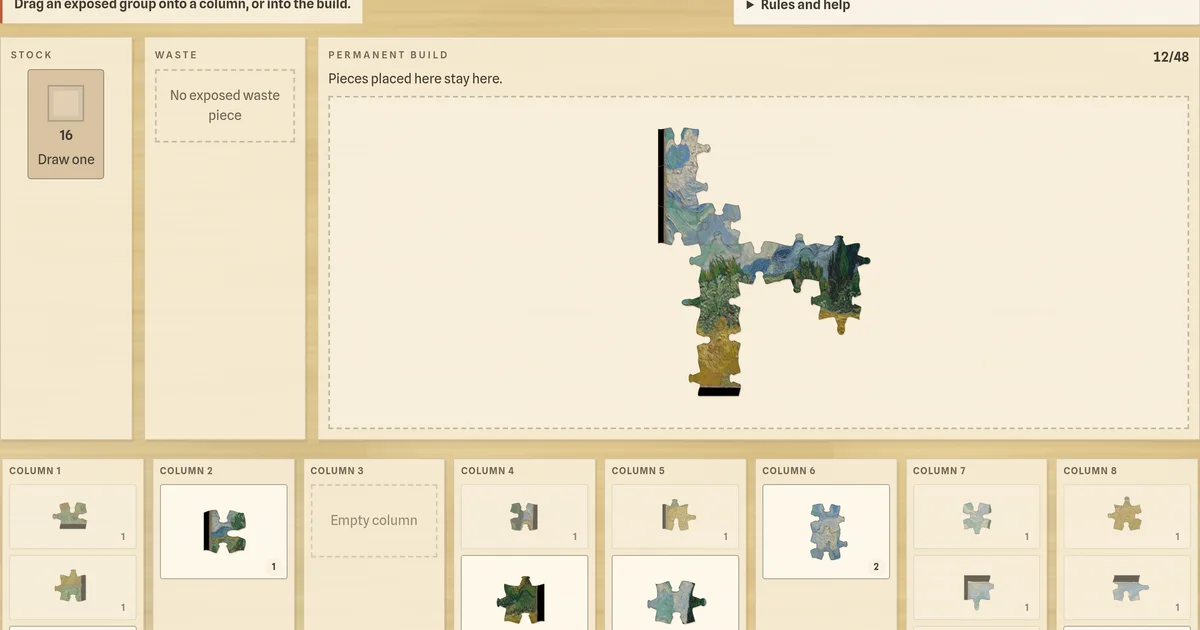 Jigsaw solitaire in play: twelve pieces joined into one group in the permanent build, loose pieces waiting in eight tableau columns, and sixteen still in the stock.
