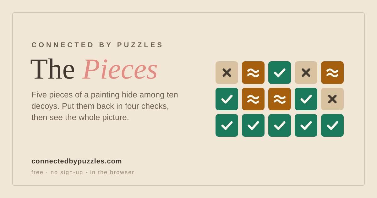 The Pieces: three rows of marks, one row per check. A tick for the right piece, waves for one of the five that belongs in another slot, a cross for a decoy; the last row is all ticks.